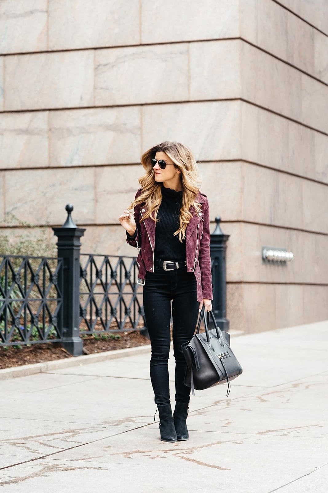 Fitted Burgundy Suede Biker Jacket with Black, Close-Up Take — Classy Suede Jacket Outfits