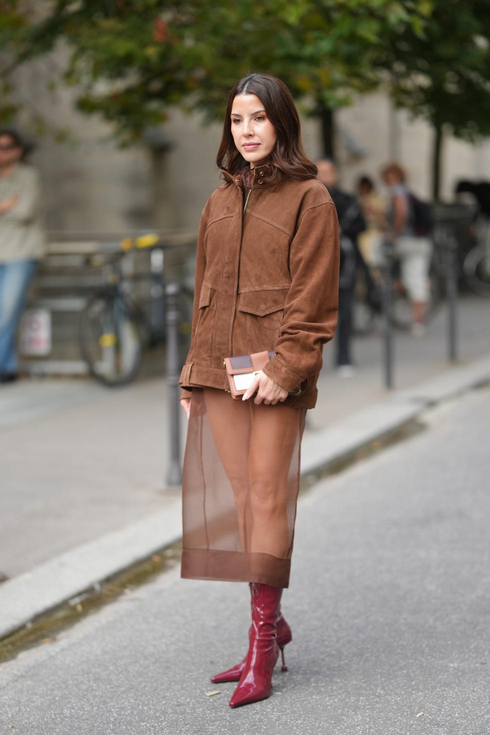 Relaxed Brown Suede Jacket with Sheer Brown Midi Skirt — Classy Suede Jacket Outfits