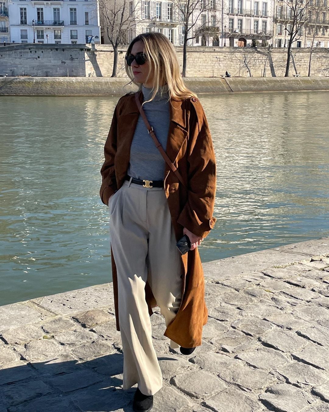 Long Brown Suede Trench Coat with Grey Turtleneck and Beige Trousers — Classy Suede Jacket Outfits
