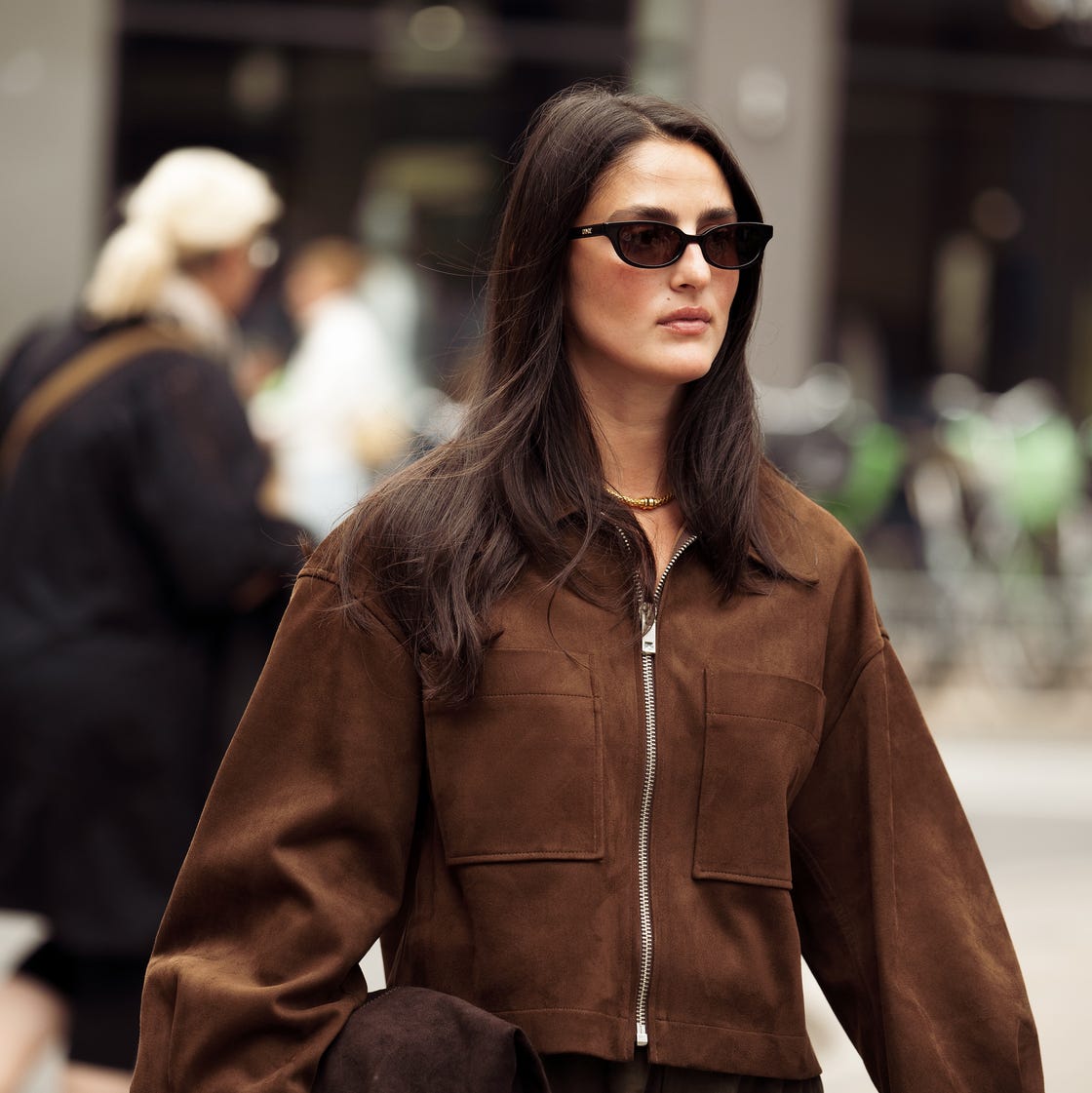 Brown Suede Zip-Up Jacket with Wide-Leg Trousers — Classy Suede Jacket Outfits