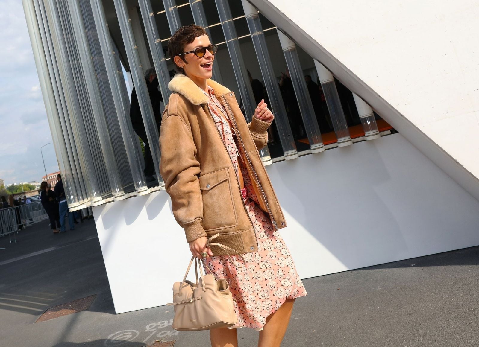 Oversized Brown Suede Jacket with Shearling Collar and Floral Dress — Classy Suede Jacket Outfits