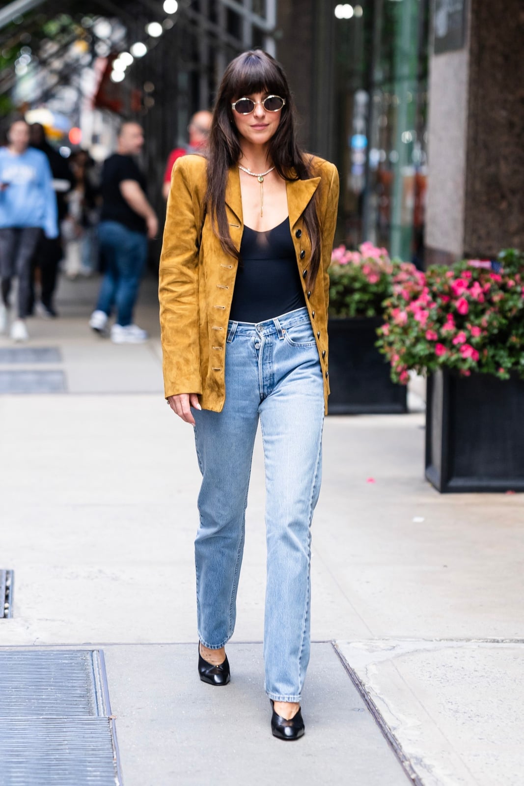 Yellow-Brown Suede Blazer with Black Bodysuit and Straight-Leg Jeans — Classy Suede Jacket Outfits