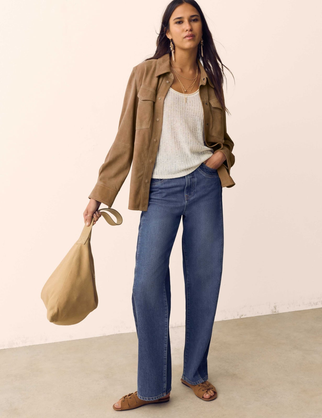Brown Suede Shirt Jacket with Ribbed Tank and Wide-Leg Jeans — Classy Suede Jacket Outfits