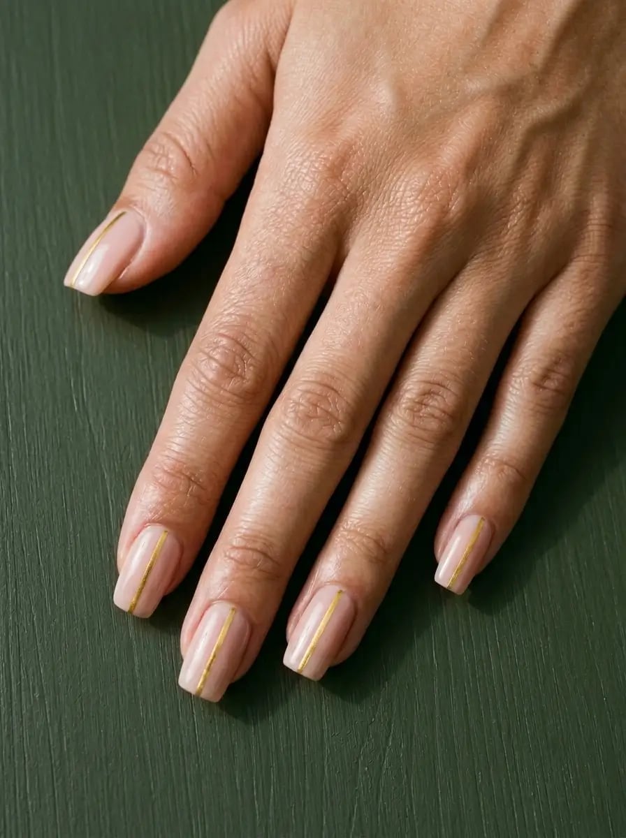 Minimalist Gold Lines Short Square Sheer Nude Nails Minimalist Gold Lines Short Square Sheer Nude Nails — Classy Tan Nails