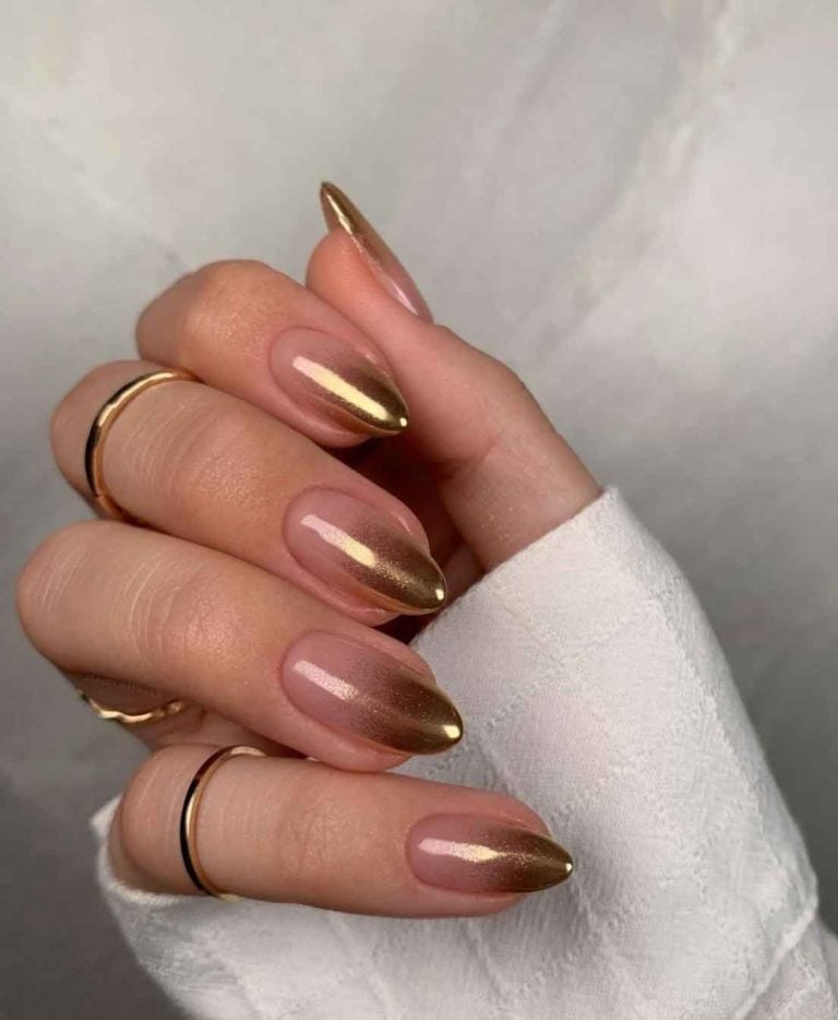 Gold Chrome Gradient French Almond Tan Nails Gold Chrome Gradient French Almond Tan Nails — Classy Tan Nails