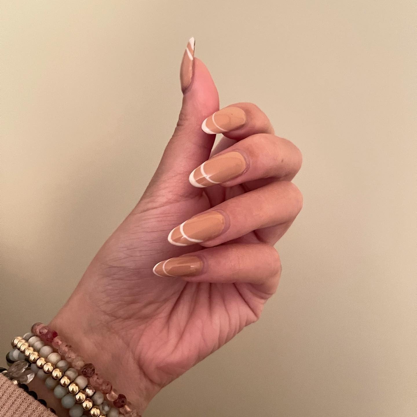 Abstract White Lines Tan Glossy Long Almond Nails Abstract White Lines Tan Glossy Long Almond Nails — Classy Tan Nails