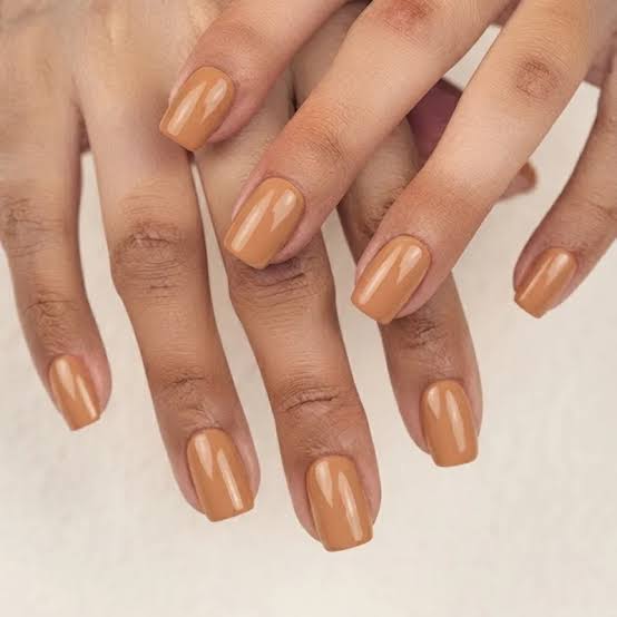 Opaque Tan Glossy Short Oval Nails Opaque Tan Glossy Short Oval Nails — Classy Tan Nails