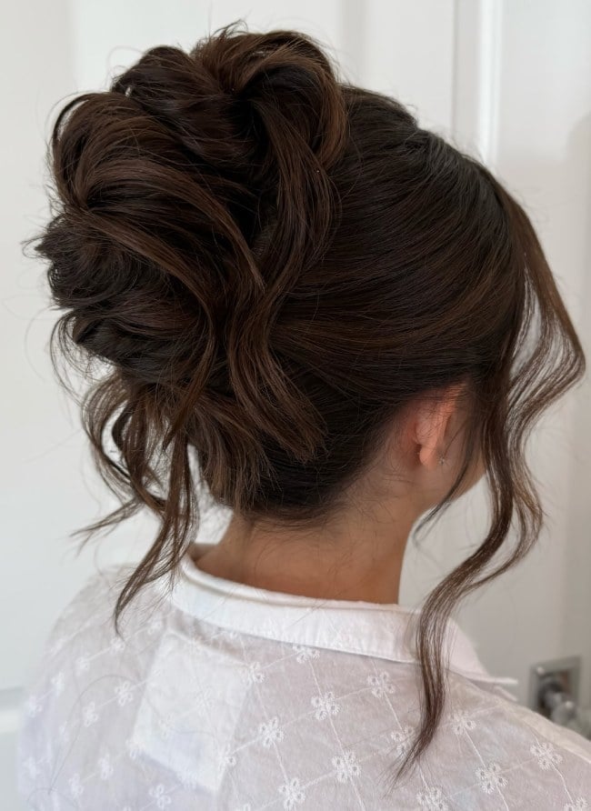 Mid-Back Dark Brown Elegant Updo With Tendrils Mid-Back Dark Brown Elegant Updo With Tendrils — Classy Textured Hair
