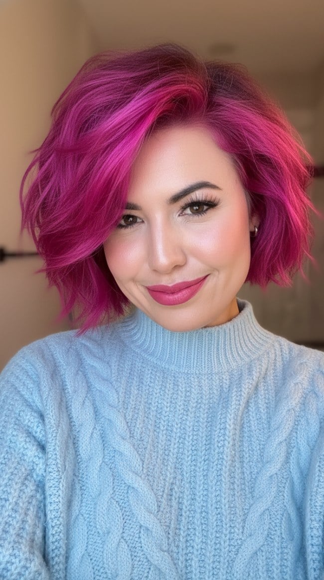 Collarbone Fuchsia Pink Bob With Textured Waves Collarbone Fuchsia Pink Bob With Textured Waves — Classy Textured Hair