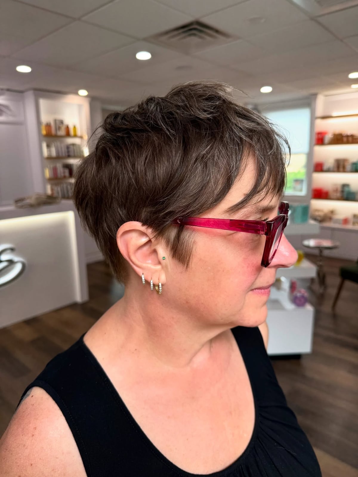 Dark Brown Grey Pixie With Layers, Ear — Classy Textured Pixie