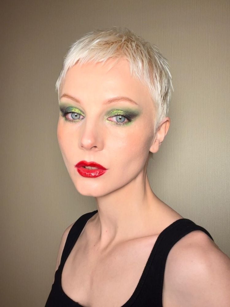 Platinum Blonde Pixie With Spiky Texture, Ear — Classy Textured Pixie