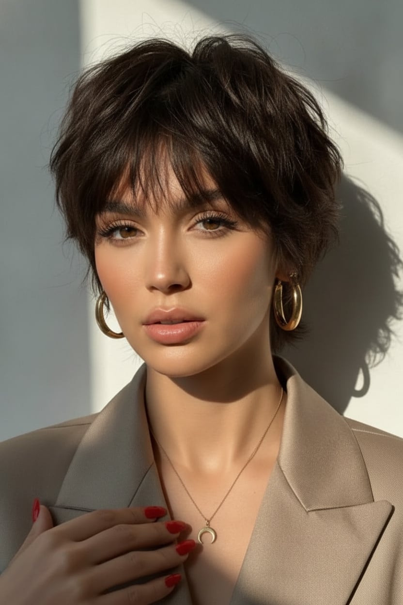 Dark Brown Pixie Shag With Choppy Layers — Classy Textured Pixie