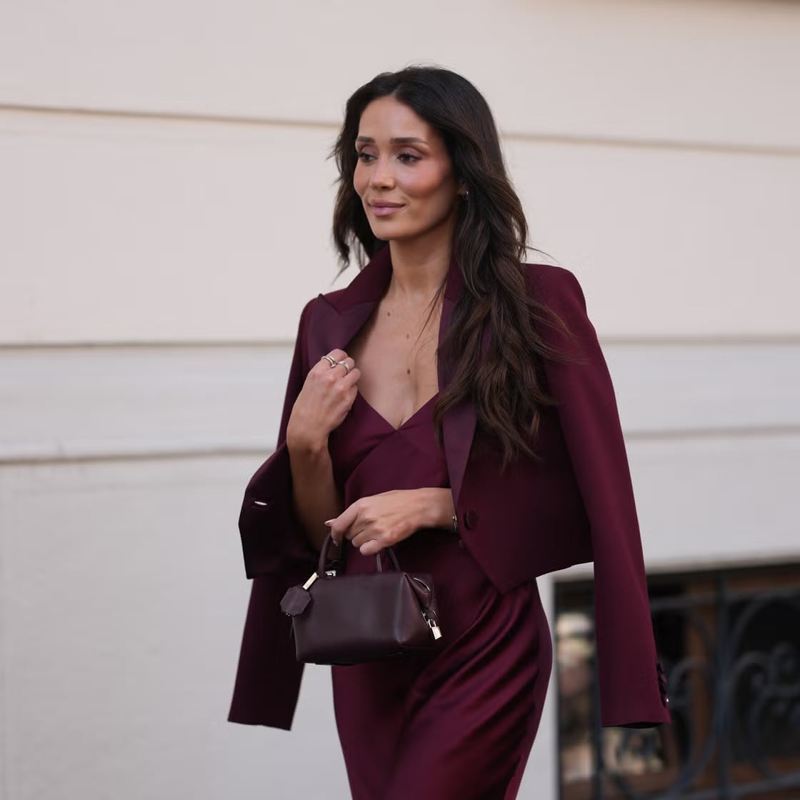 Deep Burgundy Satin Slip Dress with Cropped Blazer Deep Burgundy Satin Slip Dress with Cropped Blazer — Classy Theater Outfits