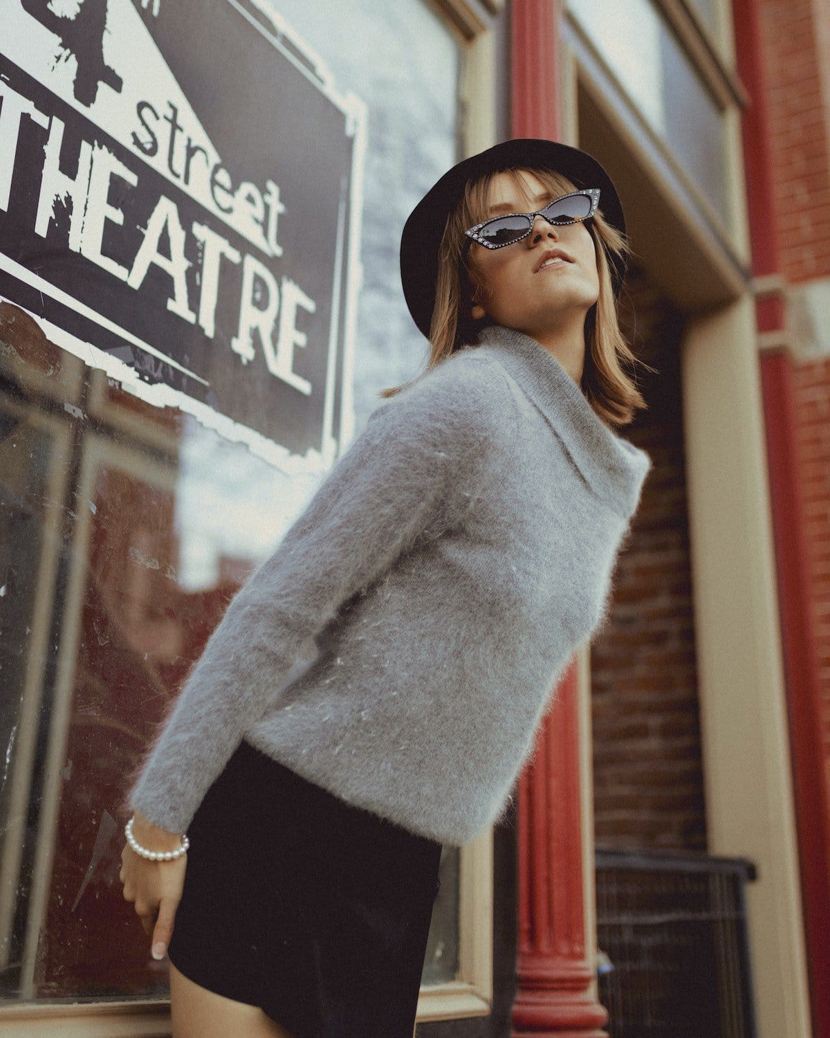 Grey Fluffy Mohair Knit Sweater with Black Mini Skirt Grey Fluffy Mohair Knit Sweater with Black Mini Skirt — Classy Theater Outfits