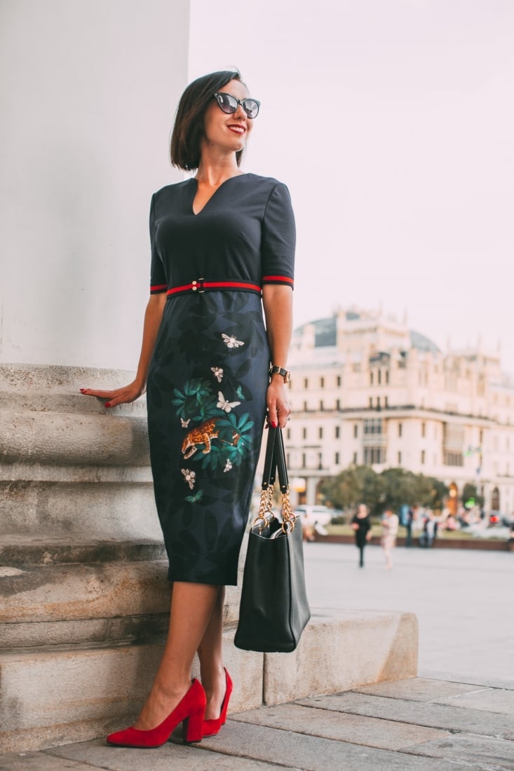 Navy Embroidered Knee-Length Dress with Red Belt Navy Embroidered Knee-Length Dress with Red Belt — Classy Theater Outfits