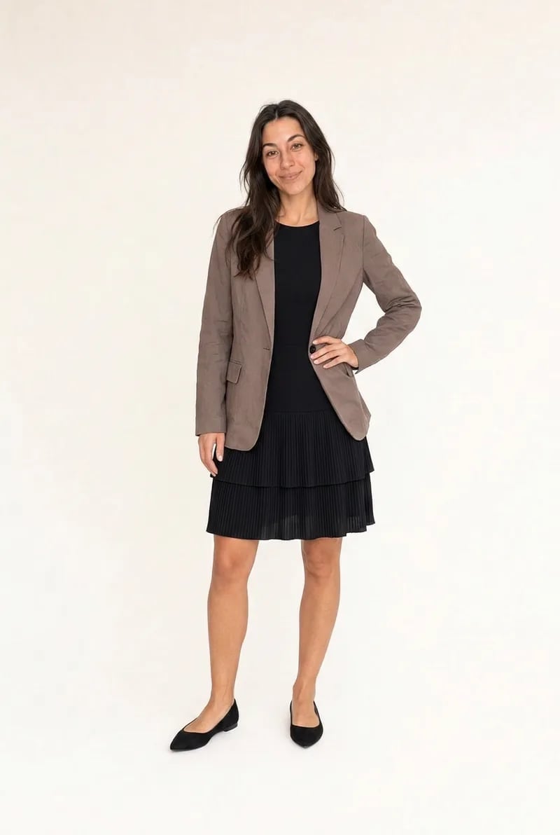 Brown Blazer Over a Black Pleated Dress Brown Blazer Over a Black Pleated Dress — Classy Theater Outfits