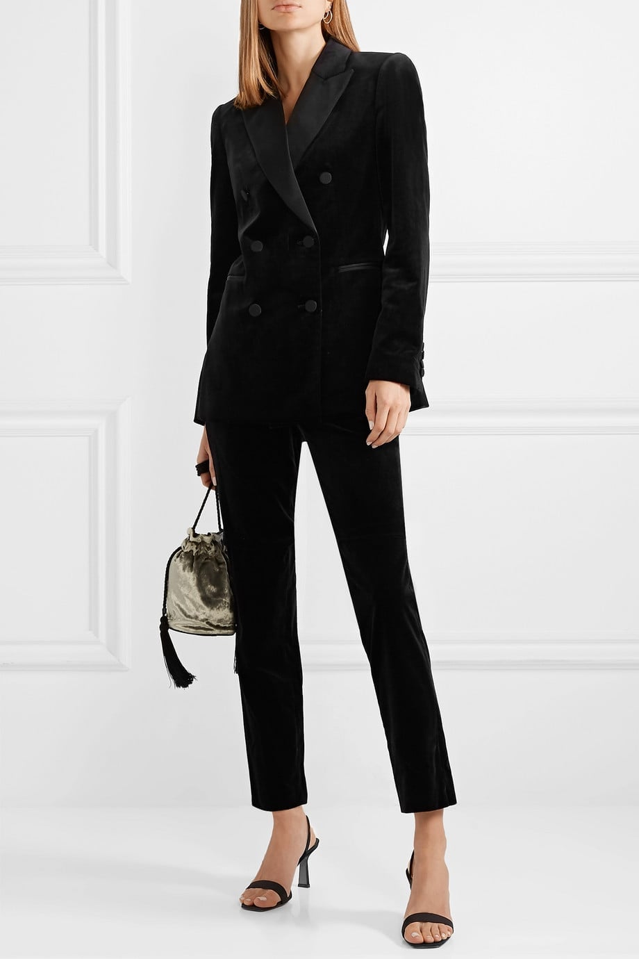 Black Velvet Double-Breasted Blazer with Satin Lapels Black Velvet Double-Breasted Blazer with Satin Lapels — Classy Theater Outfits