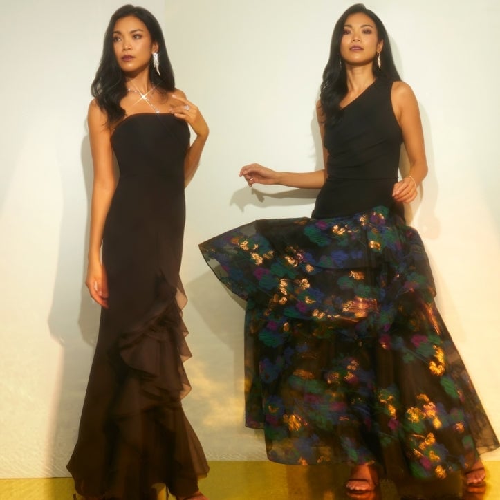 Black Strapless Gown with Ruffled Chiffon Tiers Black Strapless Gown with Ruffled Chiffon Tiers — Classy Theater Outfits
