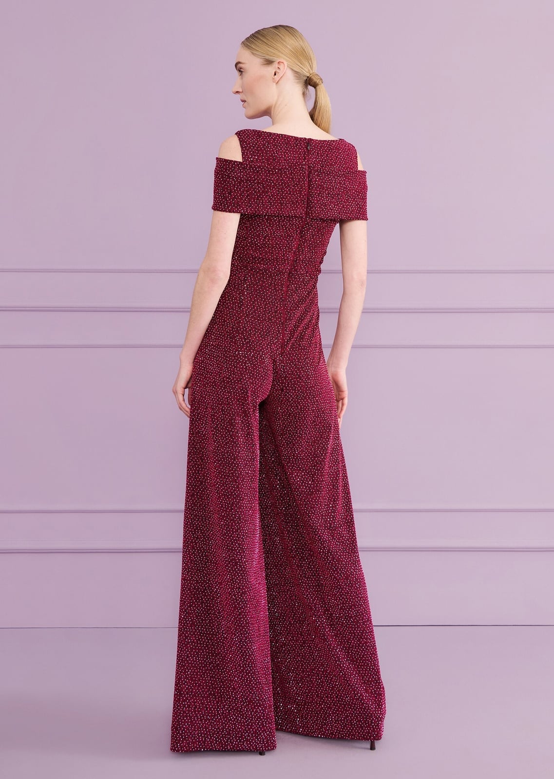 Burgundy Sparkly Off-The-Shoulder Jumpsuit Burgundy Sparkly Off-The-Shoulder Jumpsuit — Classy Theater Outfits