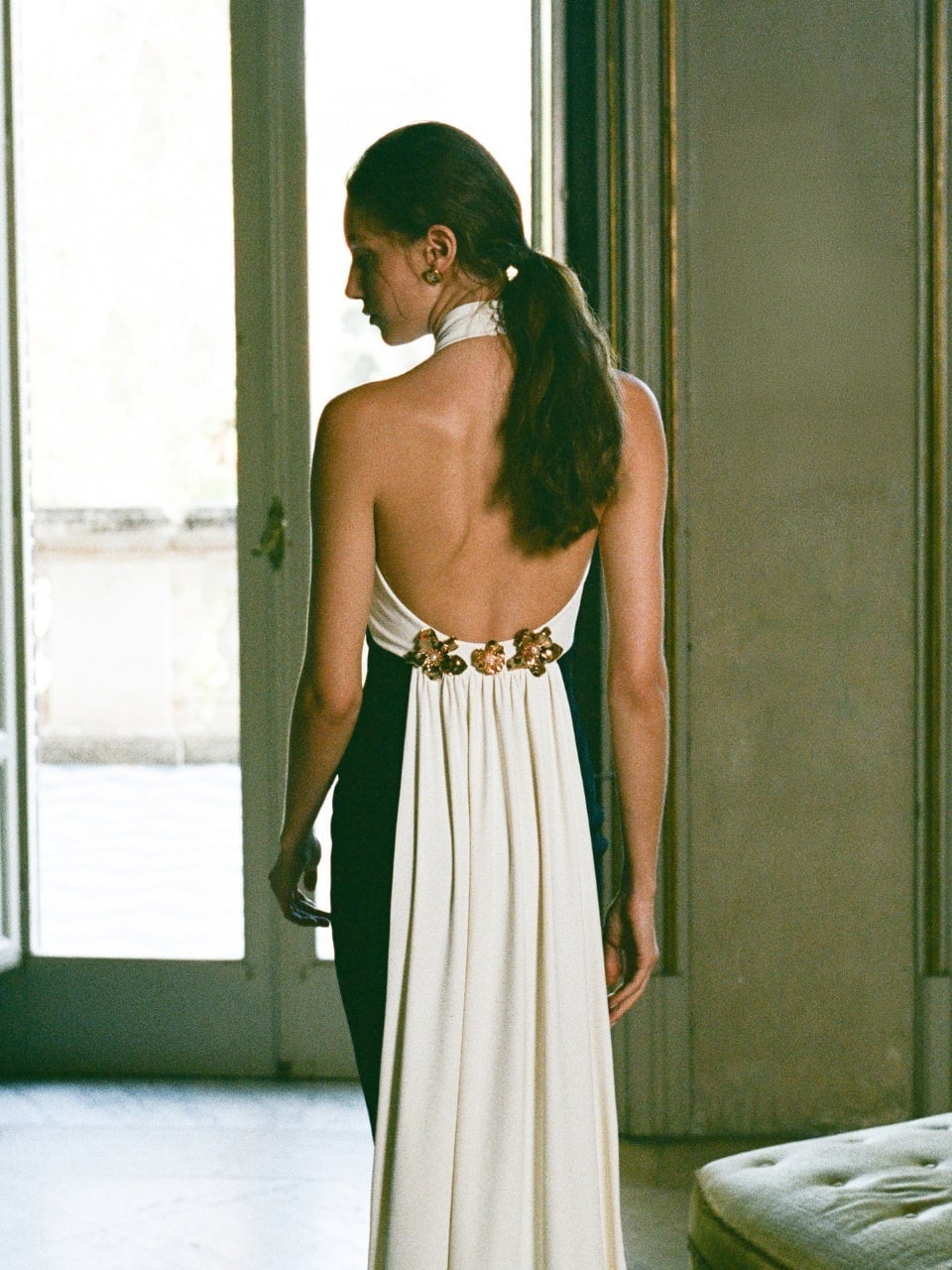 White and Black Halter Neck Gown with Draped Back and Strappy Heels White and Black Halter Neck Gown with Draped Back and Strappy Heels — Classy Theater Outfits