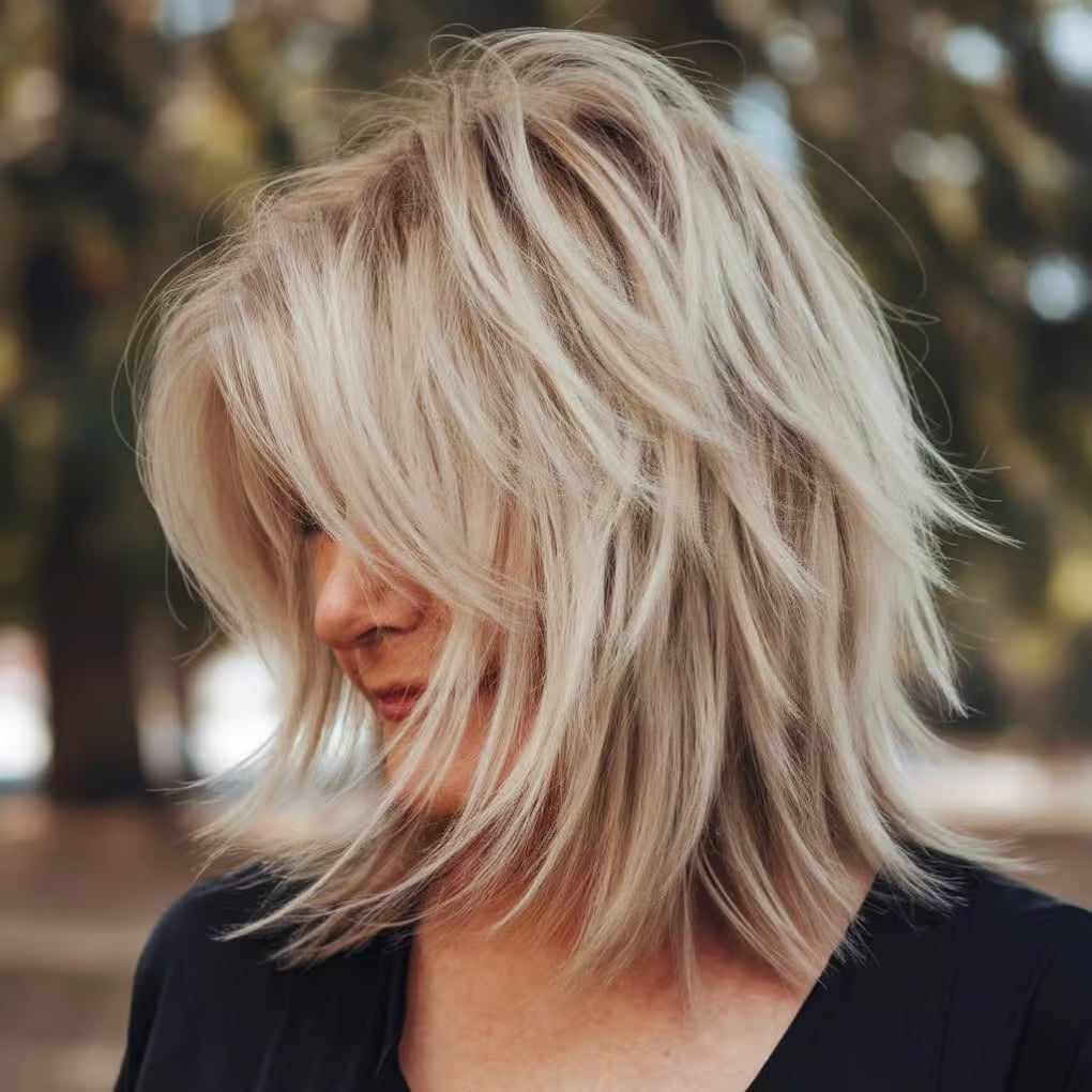 Ash Blonde Shag With Wispy Bangs Ash Blonde Shag With Wispy Bangs — Classy Thinning Hair