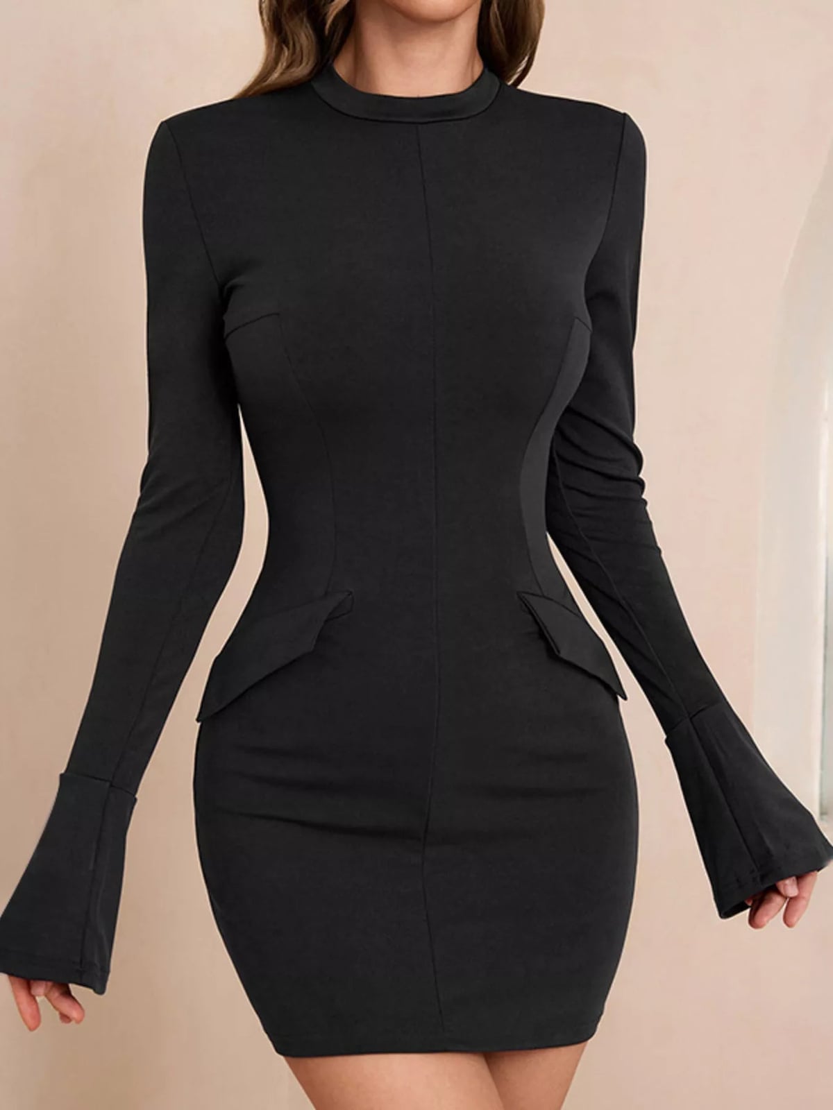 Black Bodycon Mini Dress with Mock Neck and Bell Sleeves Black Bodycon Mini Dress with Mock Neck and Bell Sleeves — Classy Tight Dresses