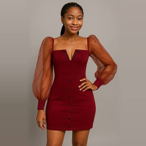 Burgundy Mini Dress with Square Neck and Sheer Puff Sleeves Burgundy Mini Dress with Square Neck and Sheer Puff Sleeves — Classy Tight Dresses