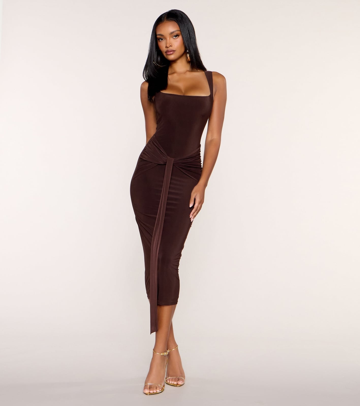 Dark Brown Knot Detail Bodycon Midi Dress Dark Brown Knot Detail Bodycon Midi Dress — Classy Tight Dresses