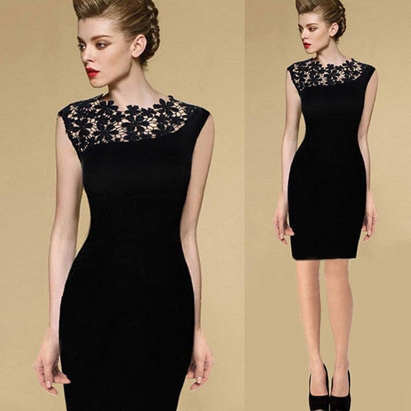 Black Sheath Dress with Lace Trim Neckline Black Sheath Dress with Lace Trim Neckline — Classy Tight Dresses