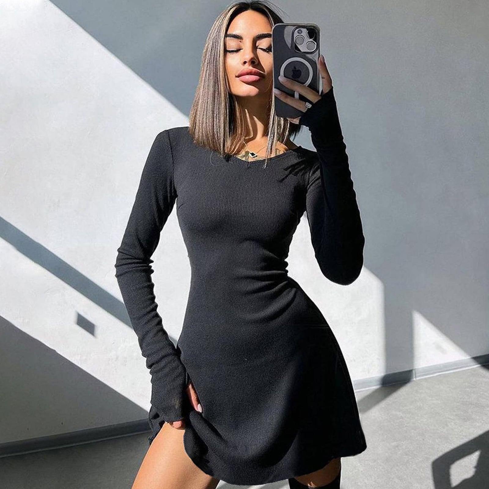 Black Ribbed Knit Mini Dress with Fingerless Sleeves Black Ribbed Knit Mini Dress with Fingerless Sleeves — Classy Tight Dresses