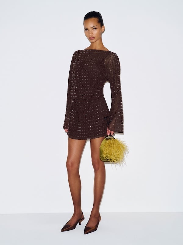 Dark Brown Sequined Mini Dress with Bell Sleeves Dark Brown Sequined Mini Dress with Bell Sleeves — Classy Tight Dresses