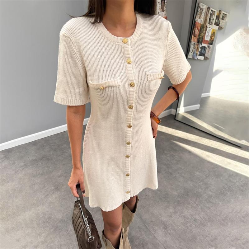 Cream Ribbed Knit Mini Dress with Gold Button Details Cream Ribbed Knit Mini Dress with Gold Button Details — Classy Tight Dresses