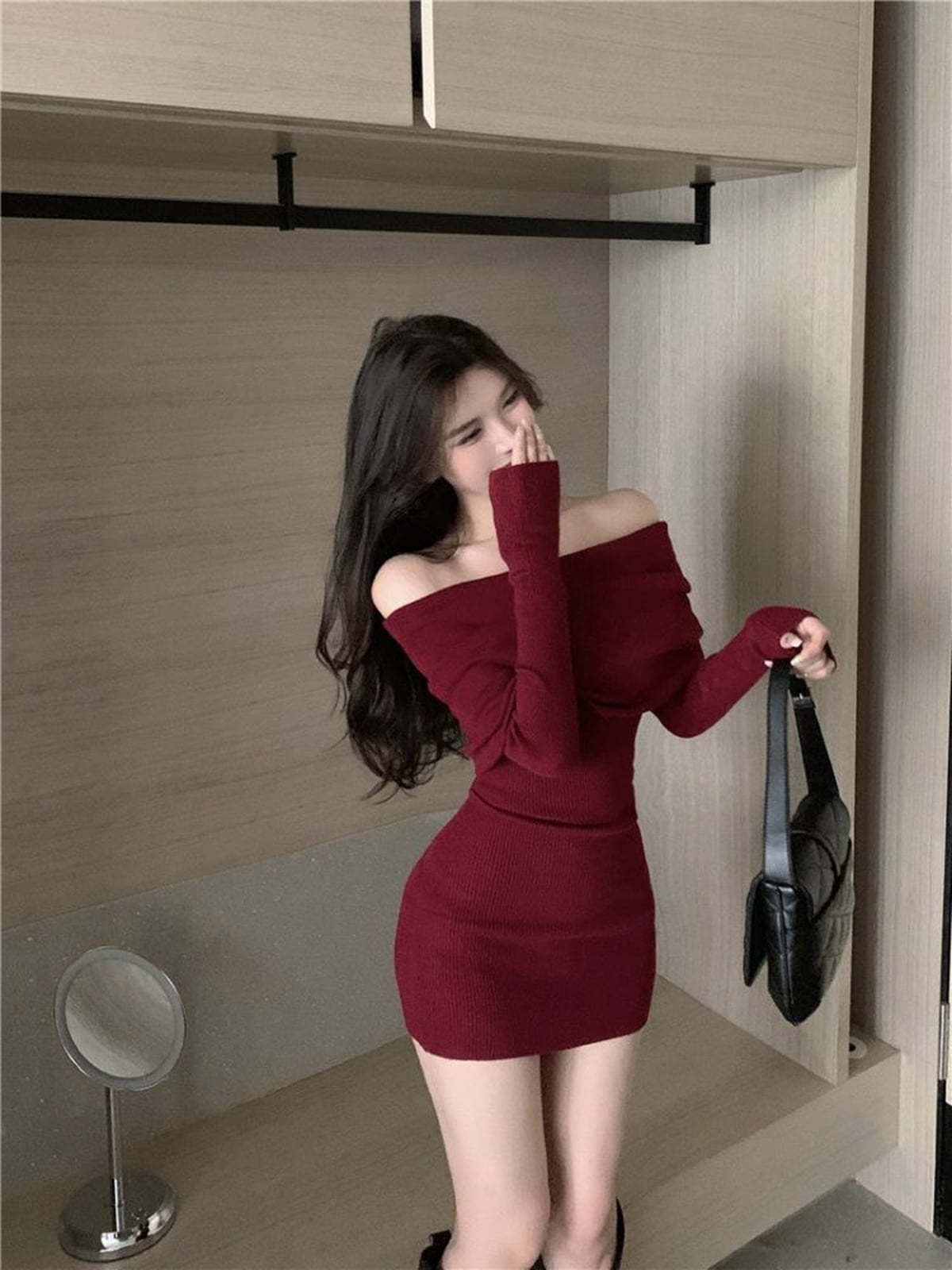 Deep Red Off-Shoulder Ribbed Knit Bodycon Mini Dress Deep Red Off-Shoulder Ribbed Knit Bodycon Mini Dress — Classy Tight Dresses