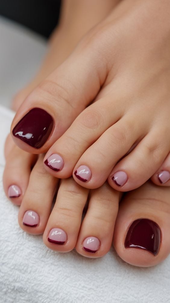 Sheer Nude Dark Burgundy French Tip Short Square, Close-Up Take — Classy Toenail Colors
