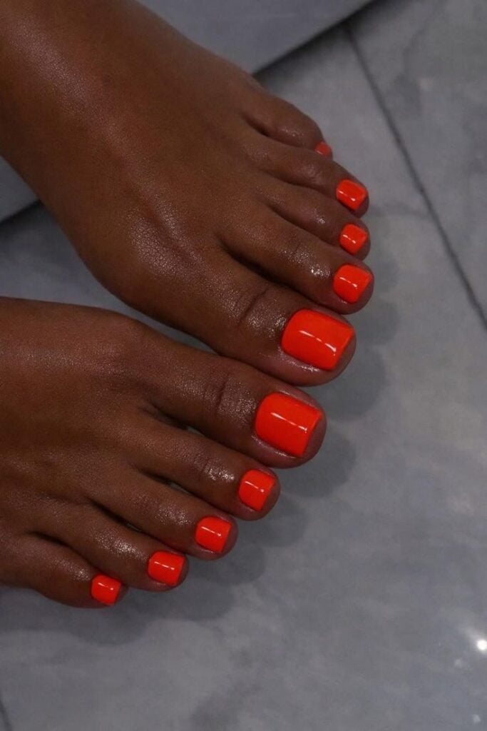 Neon Orange Red Glossy Short Square Toenails With короткий квадрат — Classy Toenail Colors