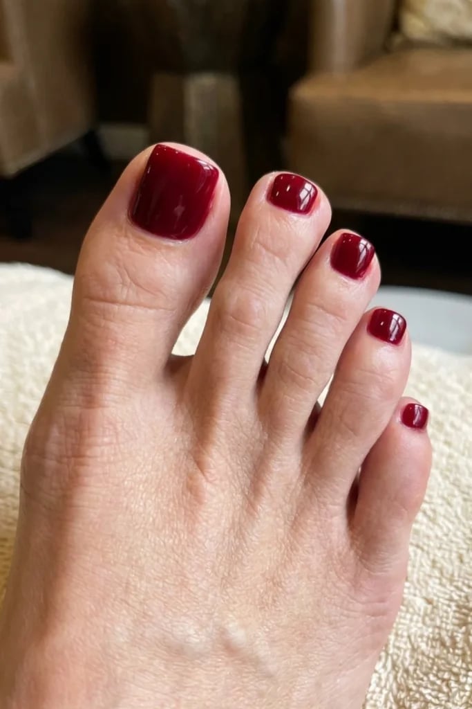 Dark Red Burgundy Glossy Short Square Toenails, Softer Variation — Classy Toenail Colors