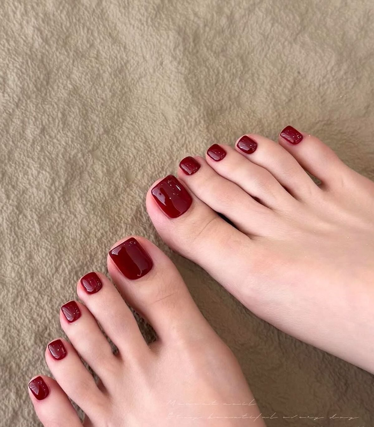 Deep Glossy Burgundy Short Square Toenails — Classy Toenail Colors