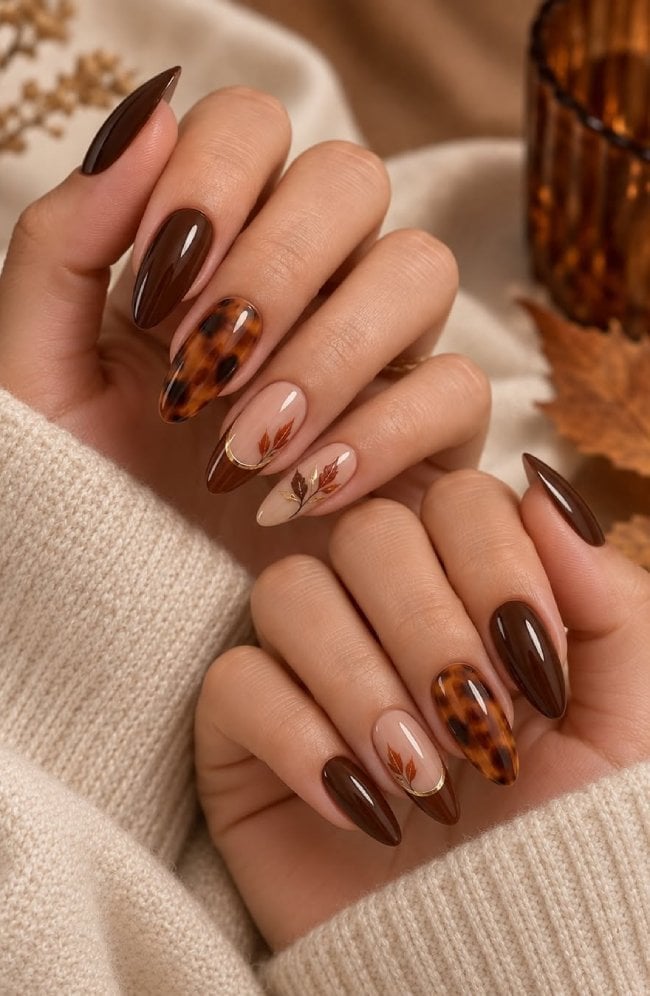 Medium Almond Dual Design With Tortoise — Classy Tortoise Shell Nails