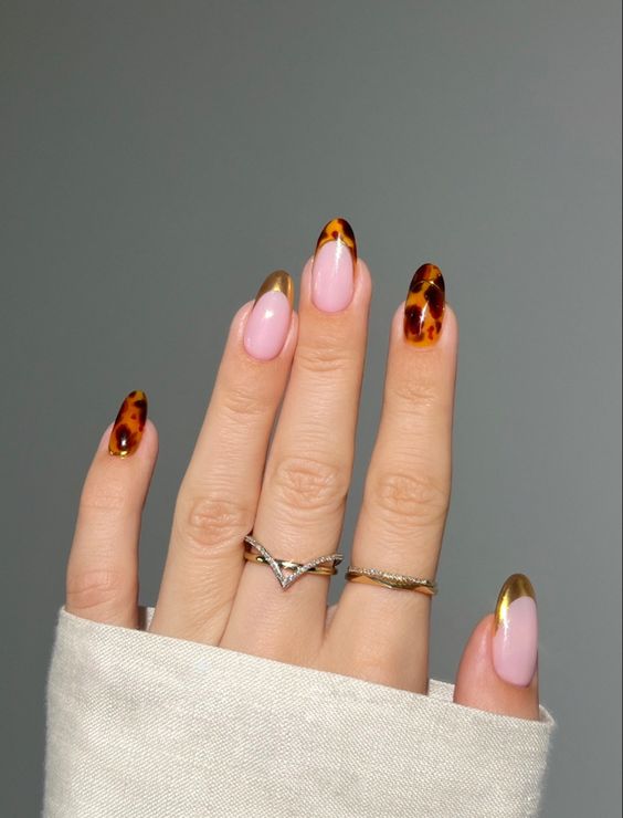 Medium Almond French Tip With Tortoise — Classy Tortoise Shell Nails