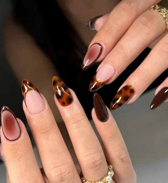Medium Almond French Tips With Tortoise Pattern — Classy Tortoise Shell Nails