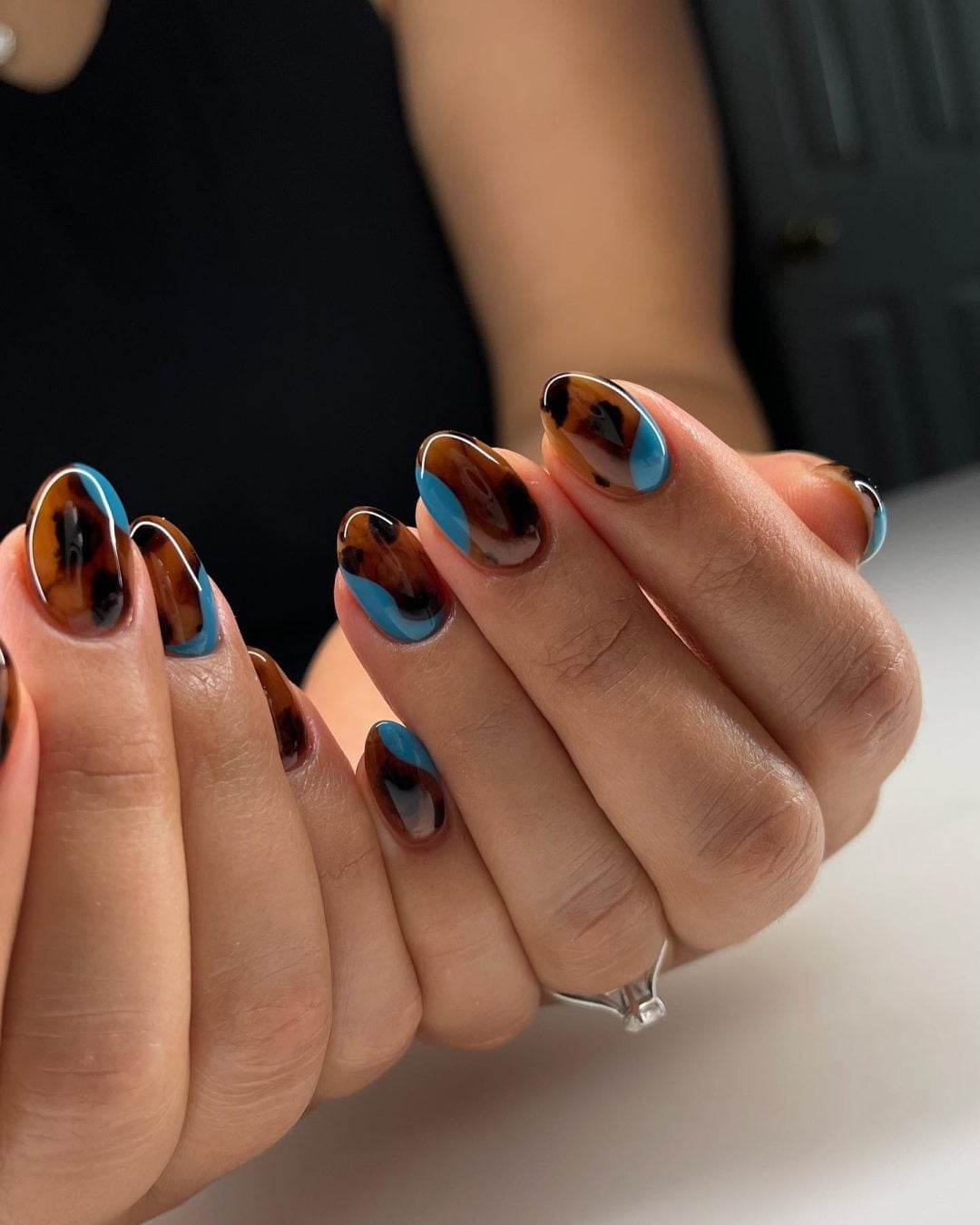 Medium Almond Tortoise Pattern French Manicure With Long Square — Classy Tortoise Shell Nails