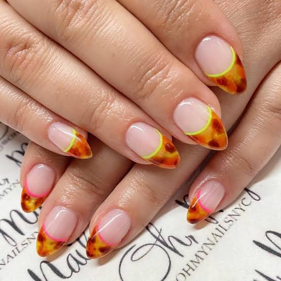 Medium Almond Tortoise French Tips With Neon, Glossy — Classy Tortoise Shell Nails