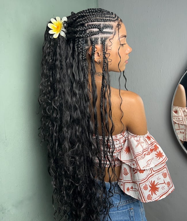 Cornrows With Loose Curly Extensions And Flower Accent — Classy Tribal Braids Hairstyles