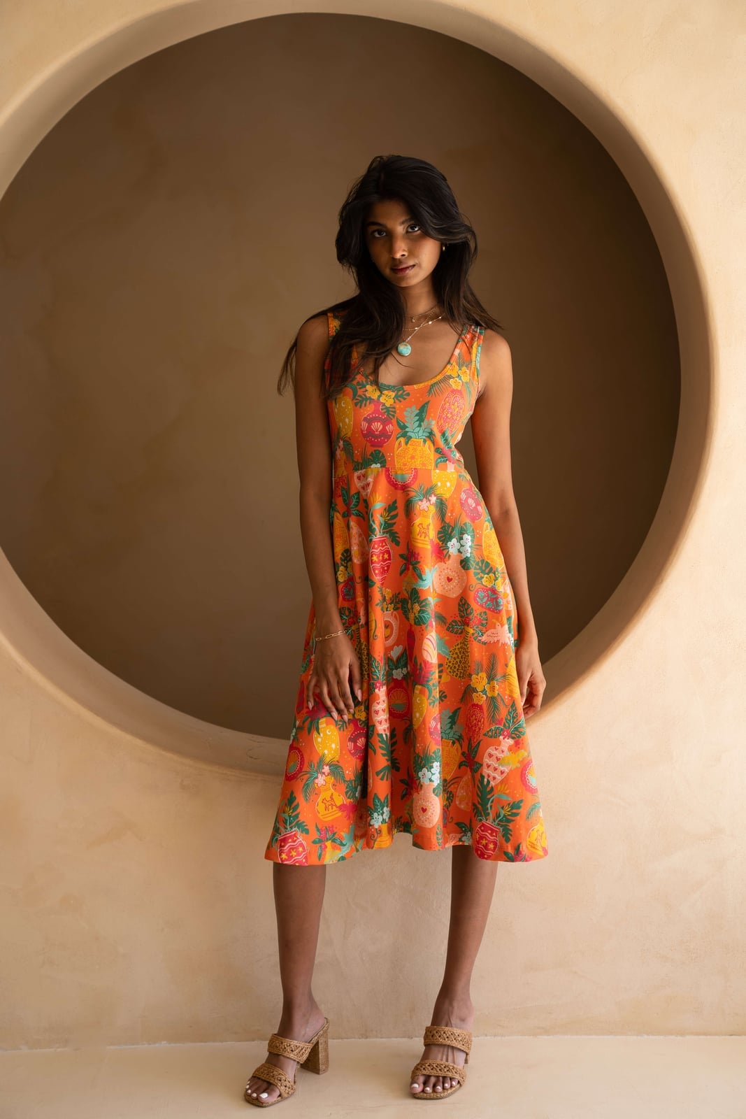 Orange Fruit Print A-Line Dress for Casual Vacation Style Orange Fruit Print A-Line Dress for Casual Vacation Style — Classy Tropical Outfits