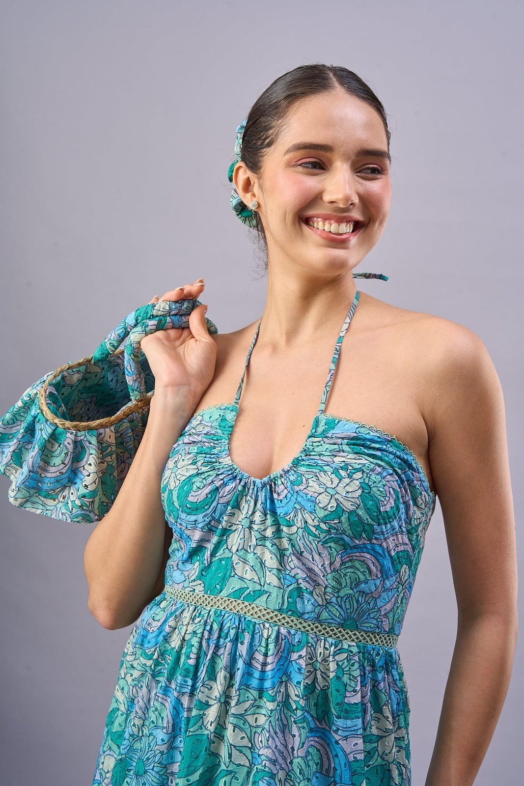 Teal Tropical Print Halter Maxi Dress for Resort, Office-Safe Version Teal Tropical Print Halter Maxi Dress for Resort, Office-Safe Version — Classy Tropical Outfits