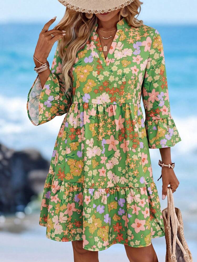 Green Floral Mini Dress with Ruffles for Beach, Office-Safe Version Green Floral Mini Dress with Ruffles for Beach, Office-Safe Version — Classy Tropical Outfits