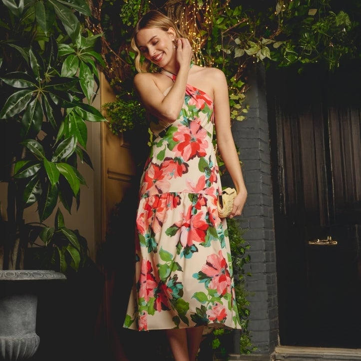 Cream Halter Midi Dress with Floral Print for Tropical, Close-Up Take Cream Halter Midi Dress with Floral Print for Tropical, Close-Up Take — Classy Tropical Outfits