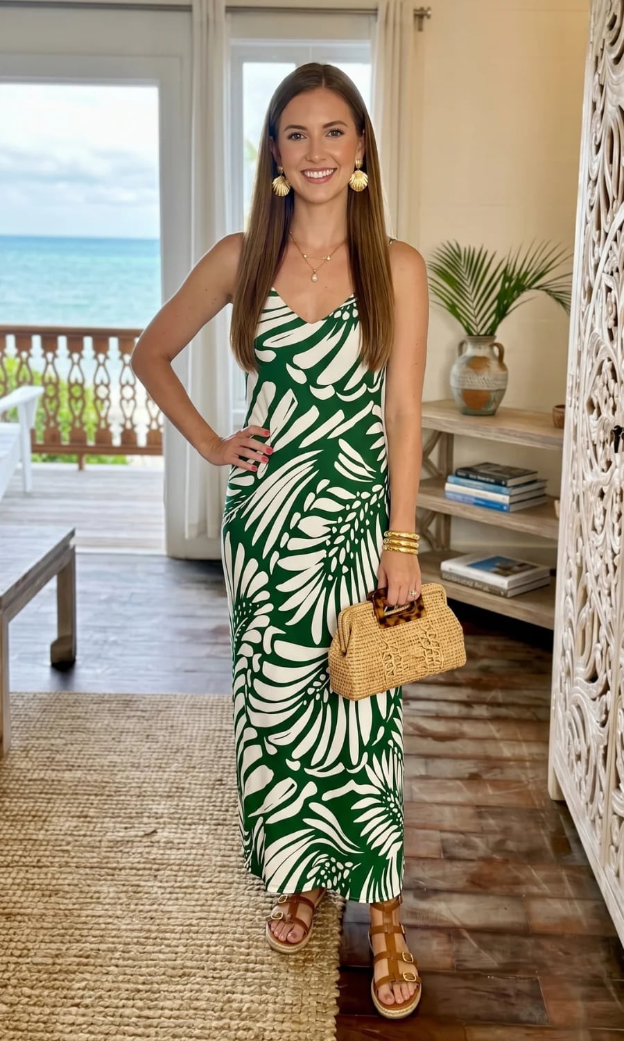 Green Leaf Print Maxi Dress for Tropical Elegance Green Leaf Print Maxi Dress for Tropical Elegance — Classy Tropical Outfits