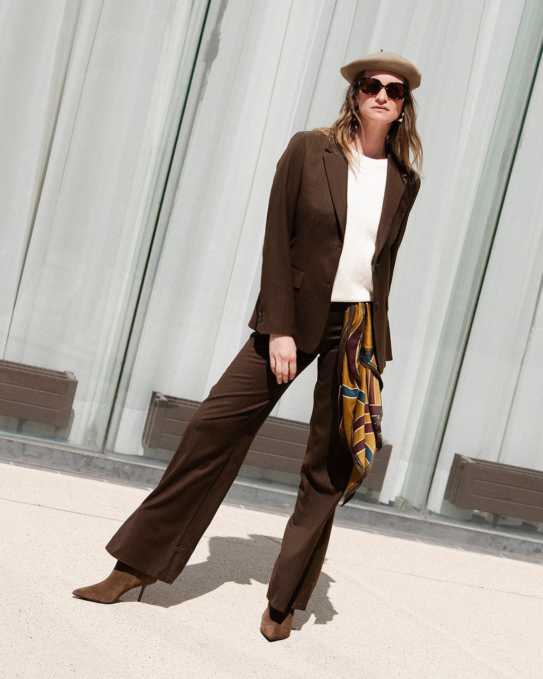 Brown Oversized Blazer and Wide-Leg Trousers with a Printed Scarf Brown Oversized Blazer and Wide-Leg Trousers with a Printed Scarf — Classy Trouser Outfits