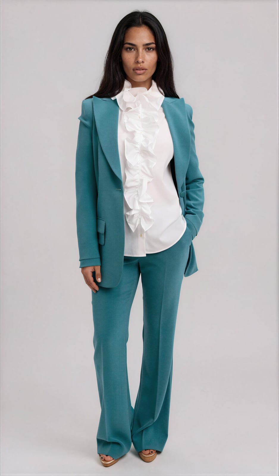 Teal Wool Blend Suit with Flared Trousers and Ruffled Blouse Teal Wool Blend Suit with Flared Trousers and Ruffled Blouse — Classy Trouser Outfits
